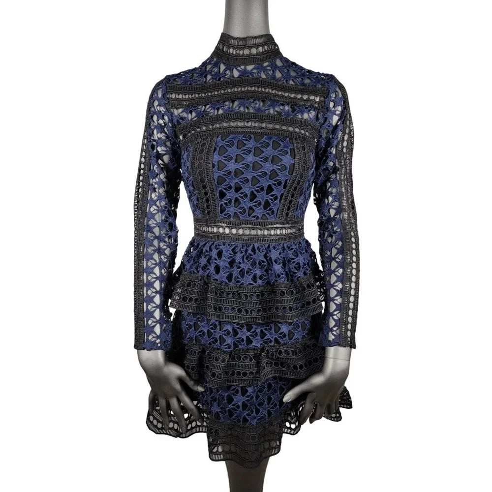 Self Portrait Blue Dress Black Lace Tiered Ruffle Mini Peplum 2